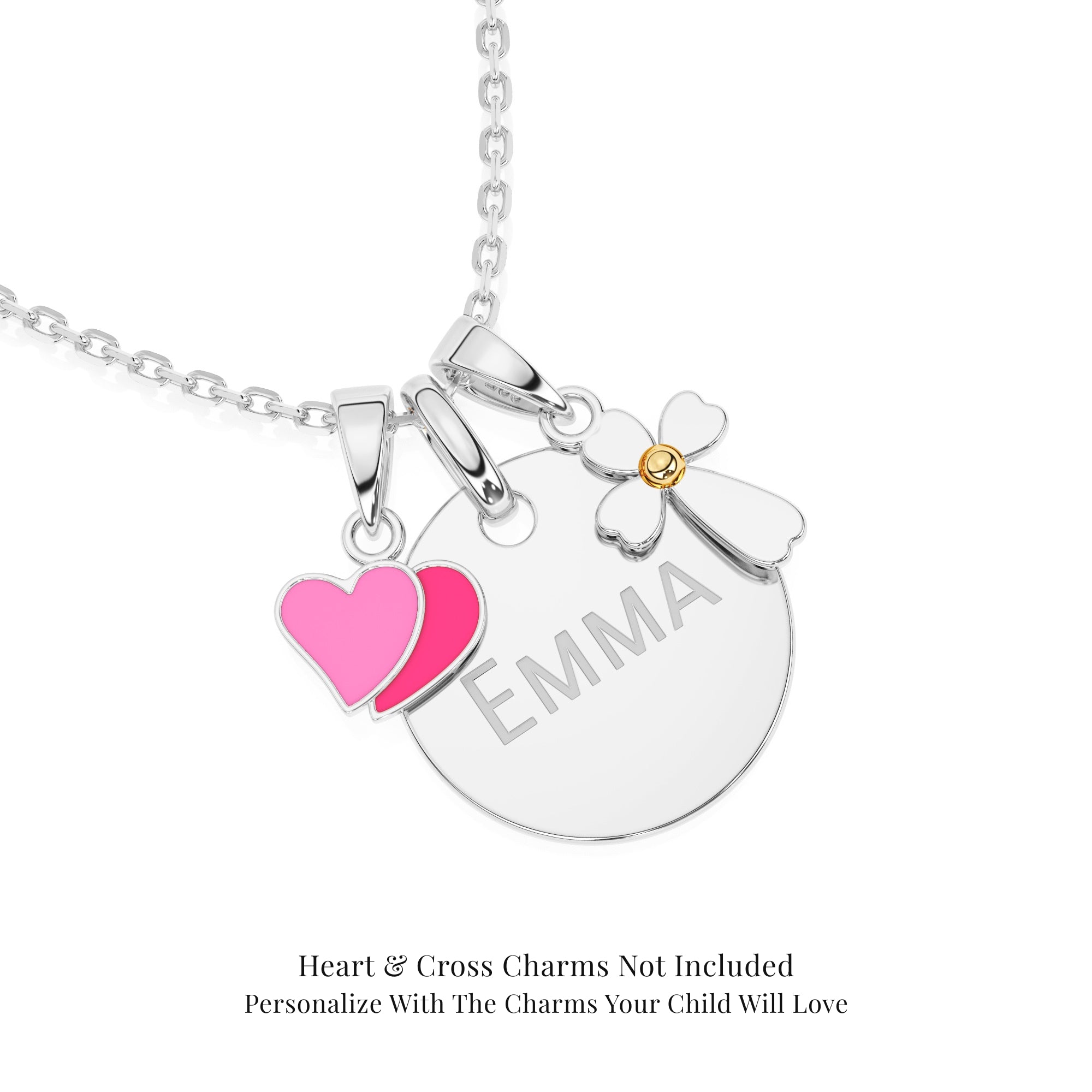 Sterling silver necklace with round pendant, heart-shaped, and cross charms on a white background.