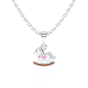 Sterling silver necklace with a rocking horse pendant on a white background.