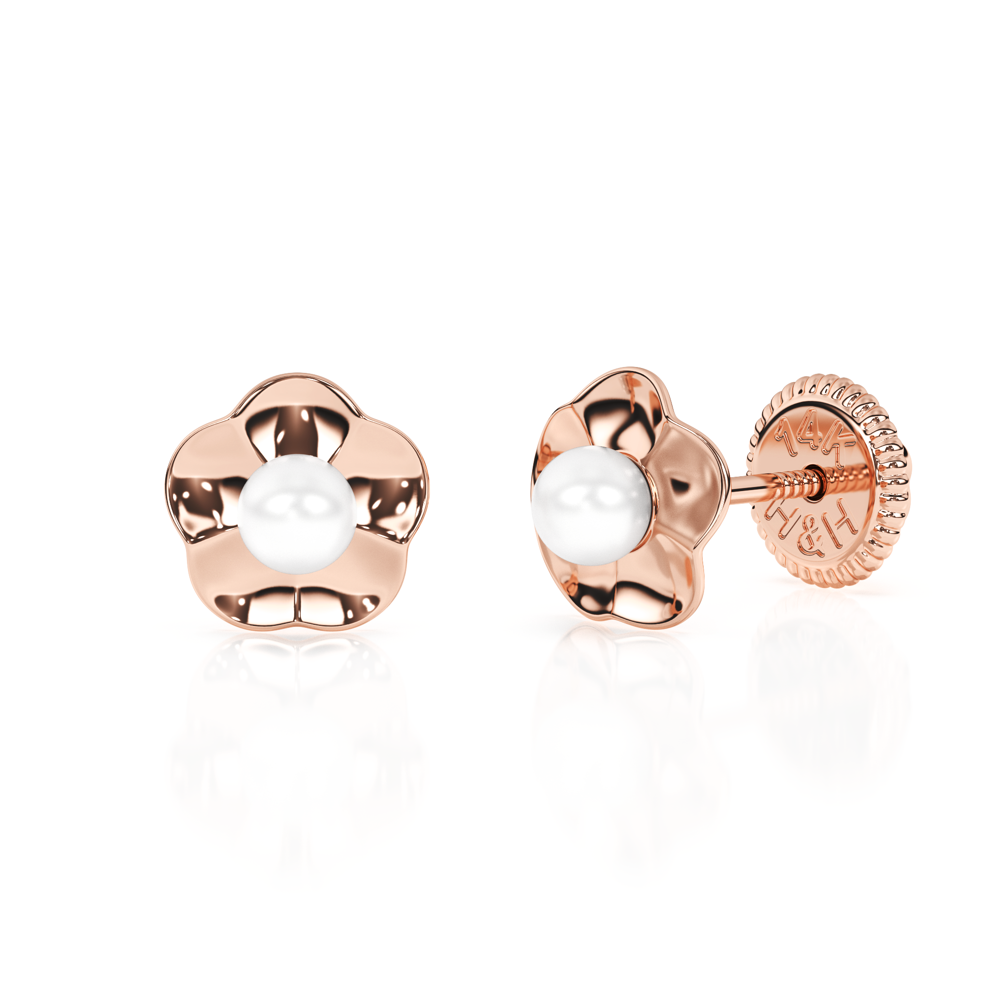 Ruffled Petals and Pearls, AAA-Pearl Stud Earrings - Solid 14K Rose Gold, Screw Back, for Babies & Children