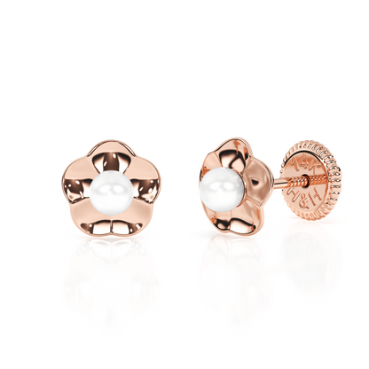 Ruffled Petals and Pearls, AAA-Pearl Stud Earrings - Solid 14K Rose Gold, Screw Back, for Babies & Children