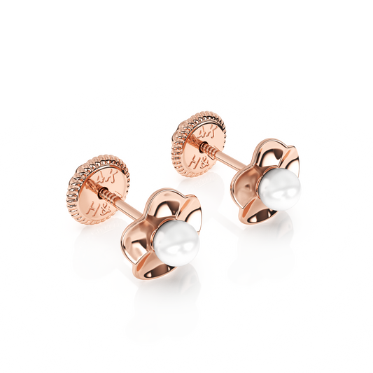 Ruffled Petals and Pearls, AAA-Pearl Stud Earrings - Solid 14K Rose Gold, Screw Back, for Babies & Children