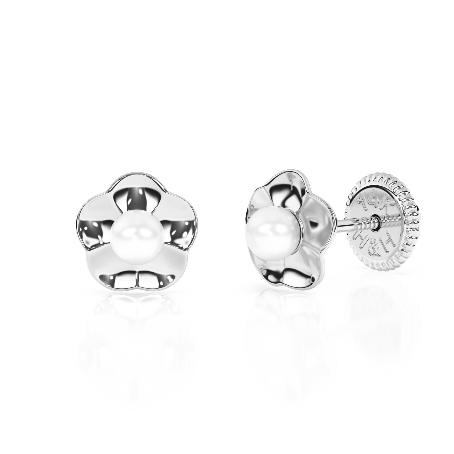 Ruffled Petals and Pearls, AAA-Pearl Stud Earrings - Solid 14K White Gold, Screw Back, for Babies & Children