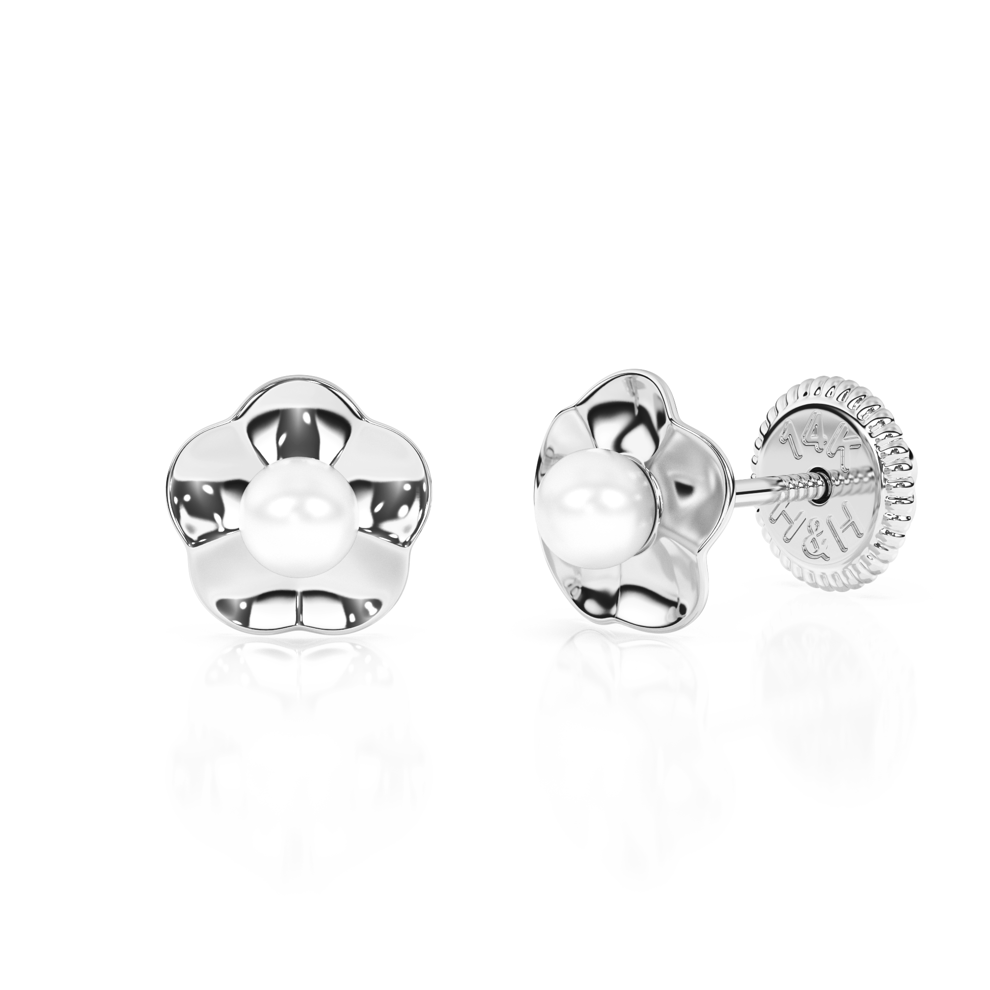 Ruffled Petals and Pearls, AAA-Pearl Stud Earrings - Solid 14K White Gold, Screw Back, for Babies & Children