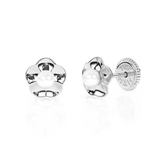 Ruffled Petals and Pearls, AAA-Pearl Stud Earrings - Solid 14K White Gold, Screw Back, for Babies & Children