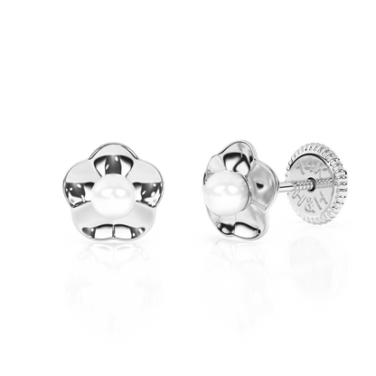 Ruffled Petals and Pearls, AAA-Pearl Stud Earrings - Solid 14K White Gold, Screw Back, for Babies & Children