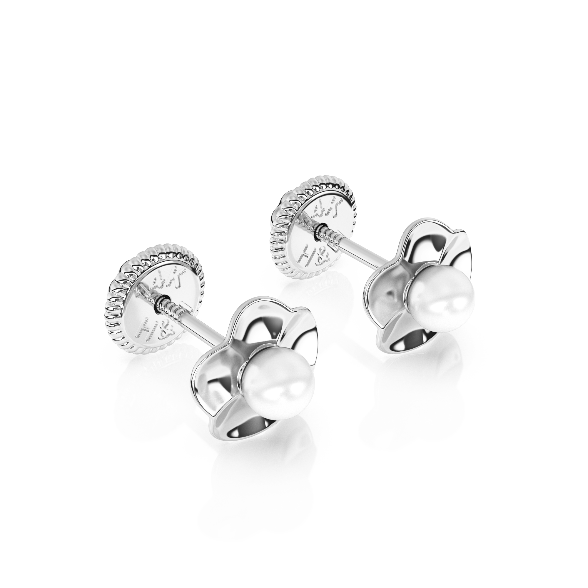 Ruffled Petals and Pearls, AAA-Pearl Stud Earrings - Solid 14K White Gold, Screw Back, for Babies & Children