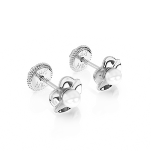 Ruffled Petals and Pearls, AAA-Pearl Stud Earrings - Solid 14K White Gold, Screw Back, for Babies & Children