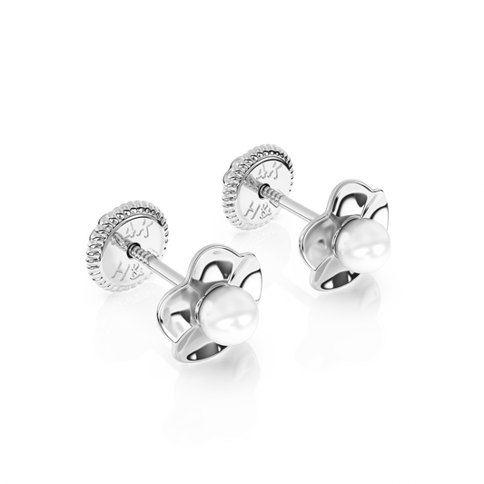 Ruffled Petals and Pearls, AAA-Pearl Stud Earrings - Solid 14K White Gold, Screw Back, for Babies & Children