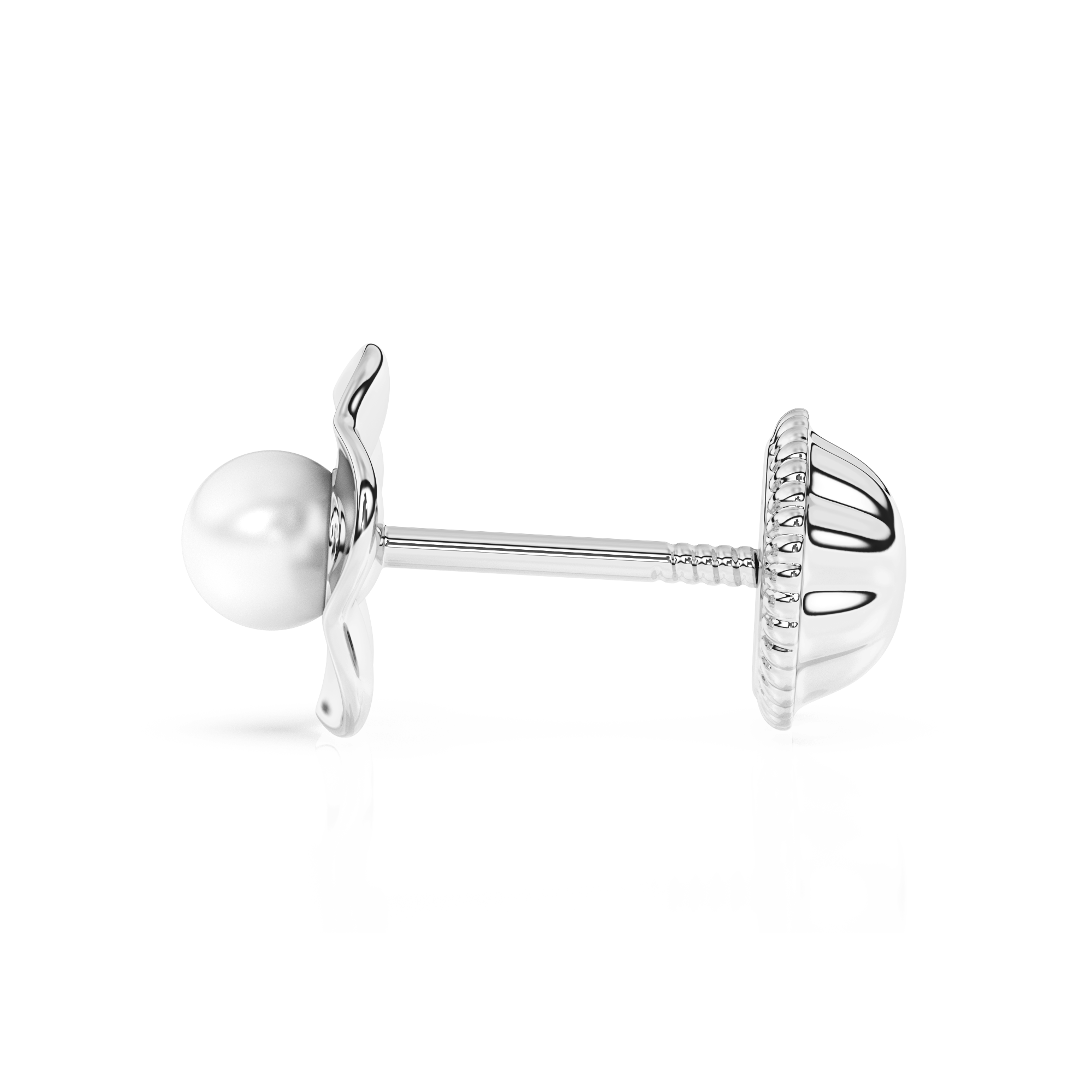 Ruffled Petals and Pearls, AAA-Pearl Stud Earrings - Solid 14K White Gold, Screw Back, for Babies & Children