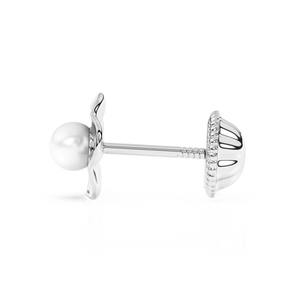 Ruffled Petals and Pearls, AAA-Pearl Stud Earrings - Solid 14K White Gold, Screw Back, for Babies & Children