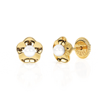 Ruffled Petals and Pearls, AAA-Pearl Stud Earrings - Solid 14K Gold, Screw Back, for Babies & Children