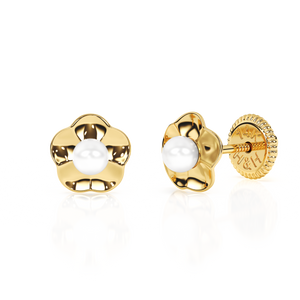 Ruffled Petals and Pearls, AAA-Pearl Stud Earrings - Solid 14K Gold, Screw Back, for Babies & Children