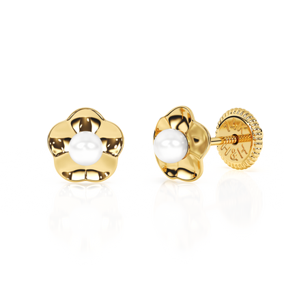 Ruffled Petals and Pearls, AAA-Pearl Stud Earrings - Solid 14K Gold, Screw Back, for Babies & Children