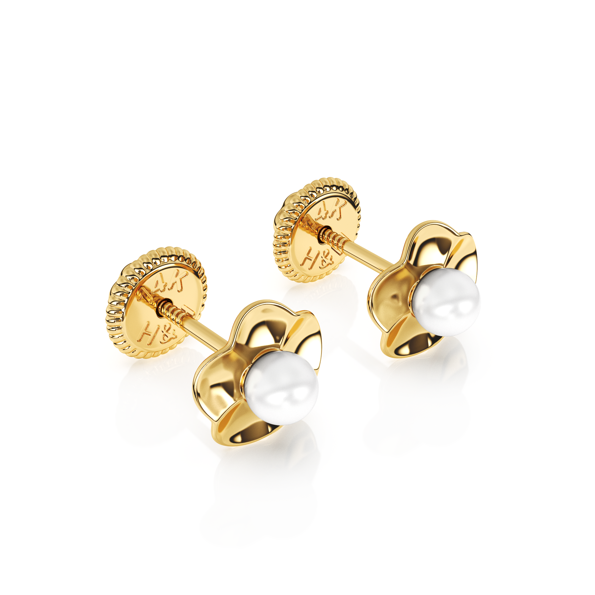 Ruffled Petals and Pearls, AAA-Pearl Stud Earrings - Solid 14K Gold, Screw Back, for Babies & Children