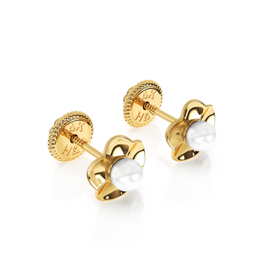 Ruffled Petals and Pearls, AAA-Pearl Stud Earrings - Solid 14K Gold, Screw Back, for Babies & Children