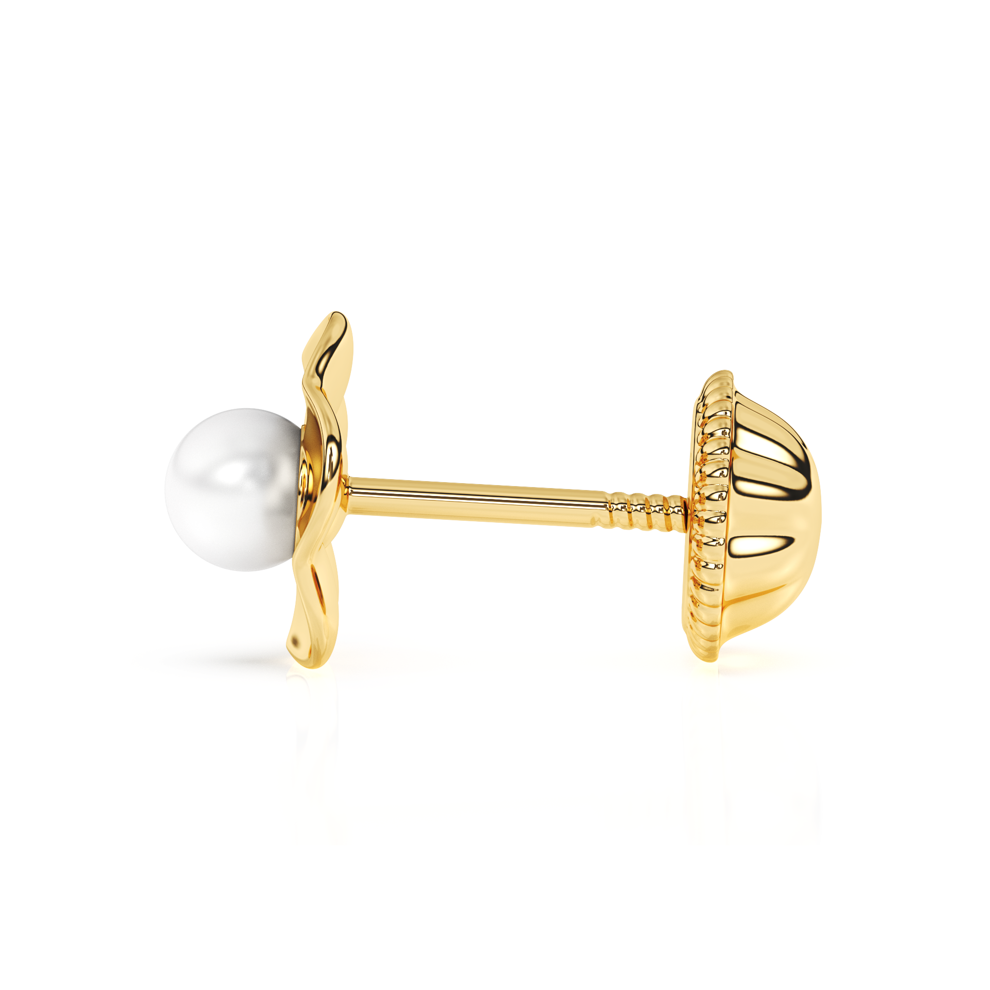 Ruffled Petals and Pearls, AAA-Pearl Stud Earrings - Solid 14K Gold, Screw Back, for Babies & Children