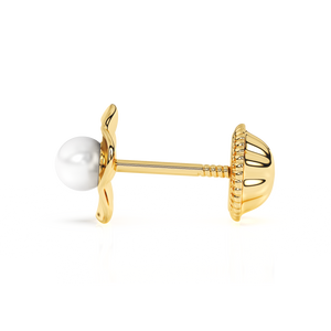 Ruffled Petals and Pearls, AAA-Pearl Stud Earrings - Solid 14K Gold, Screw Back, for Babies & Children