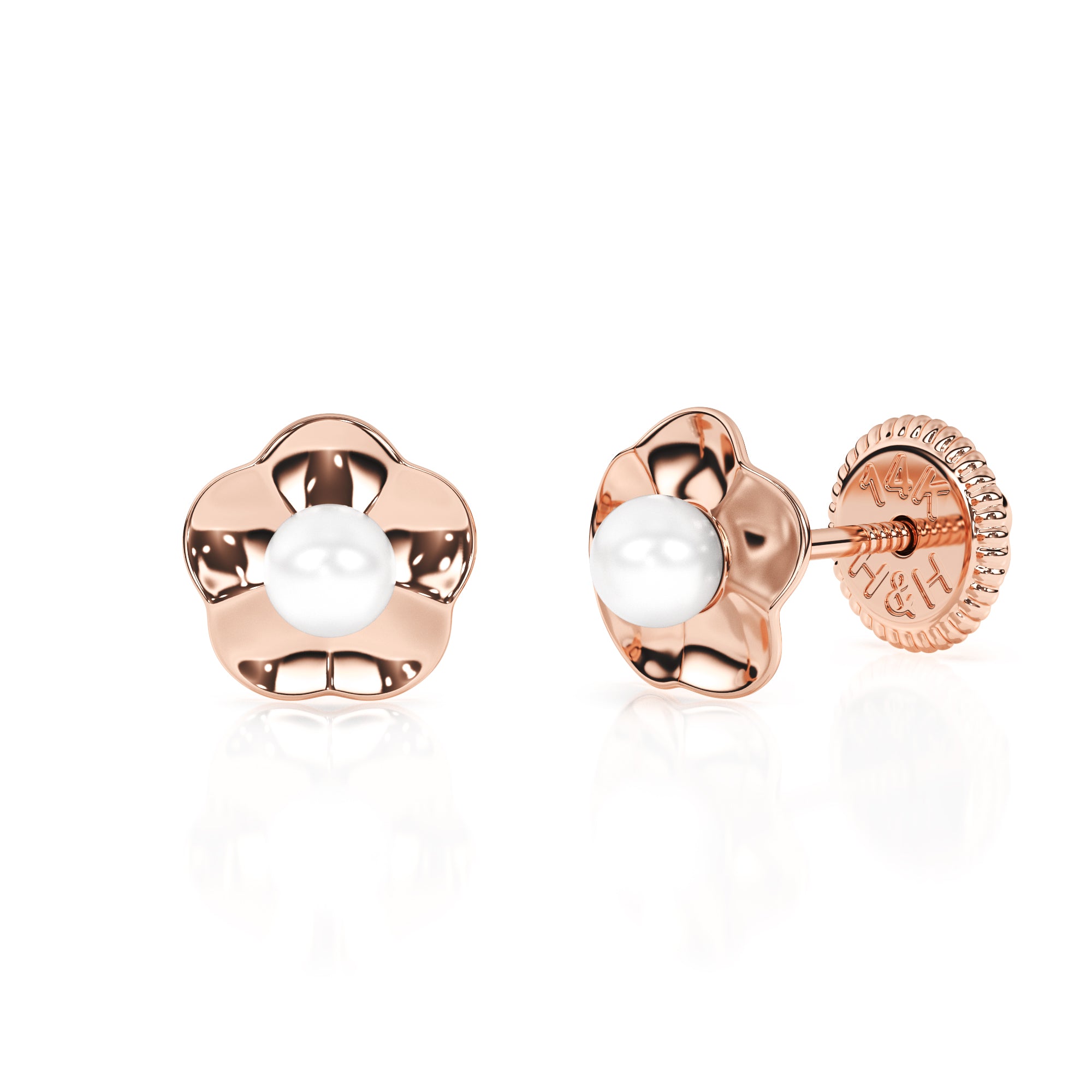 Rose gold earrings with screwback post and a ruffled flower petal with a pearl in the center. 