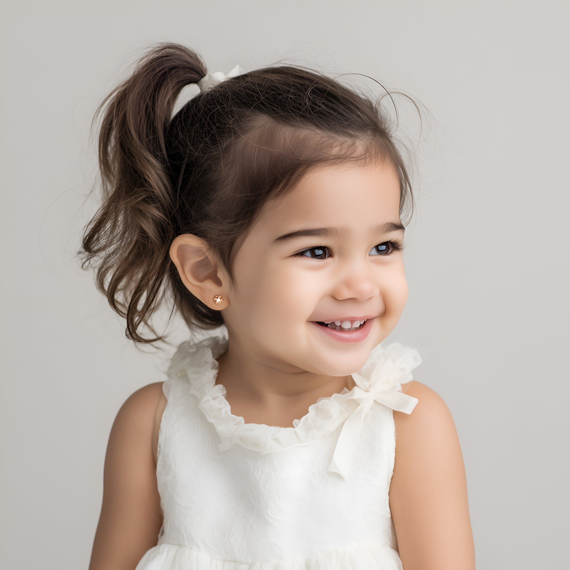 Ruffled Petals and Pearls, AAA-Pearl Stud Earrings - Solid 14K Rose Gold, Screw Back, for Babies & Children