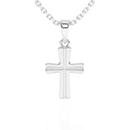 Sterling silver cross pendant on a chain against a white background.