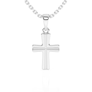 Sterling silver cross pendant on a chain against a white background.