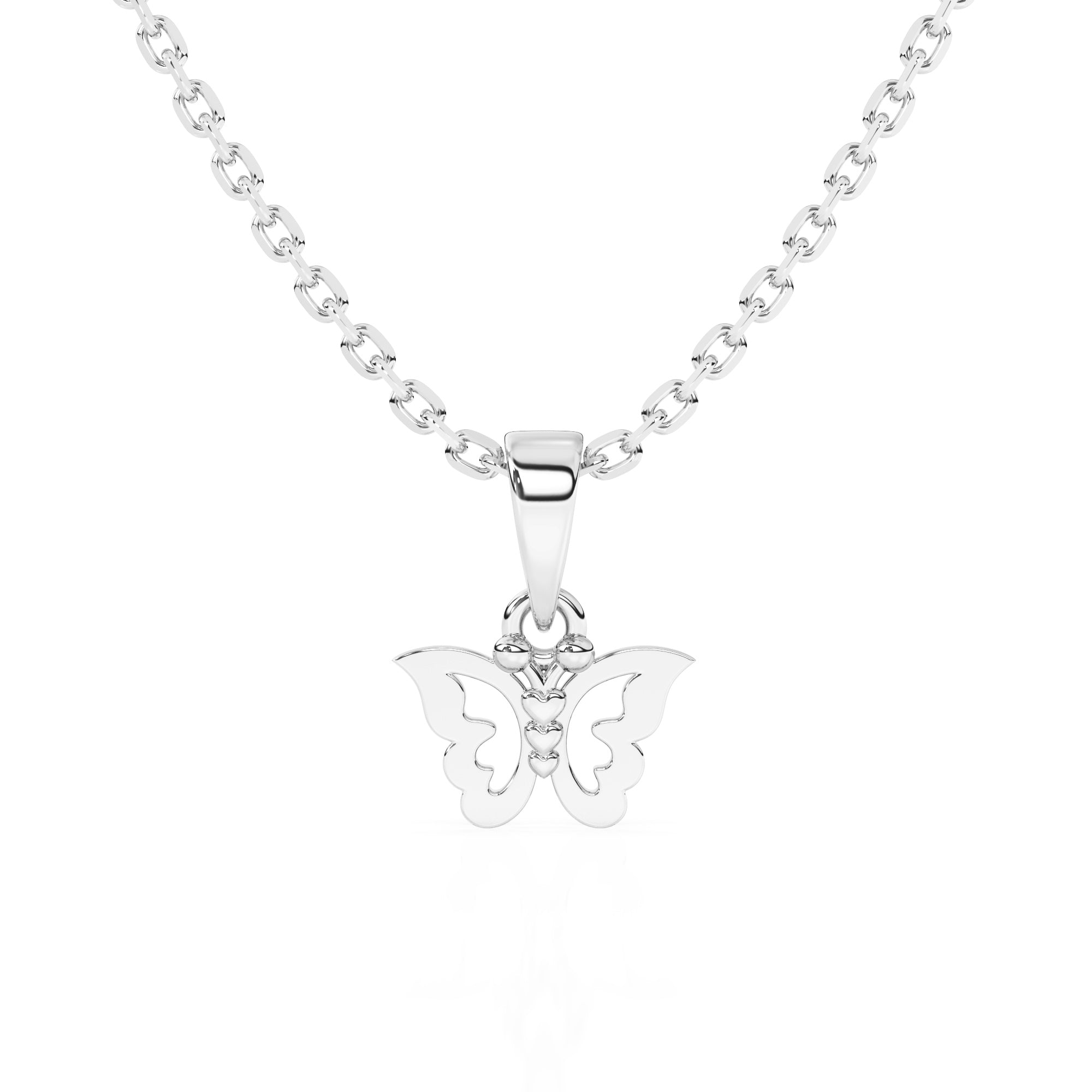 Sterling silver butterfly pendant necklace on a white background.