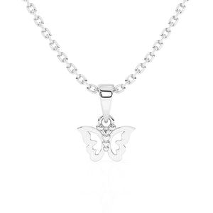 Sterling silver butterfly pendant necklace on a white background.