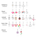 Collection of various charm pendants categorized by theme on a white background.