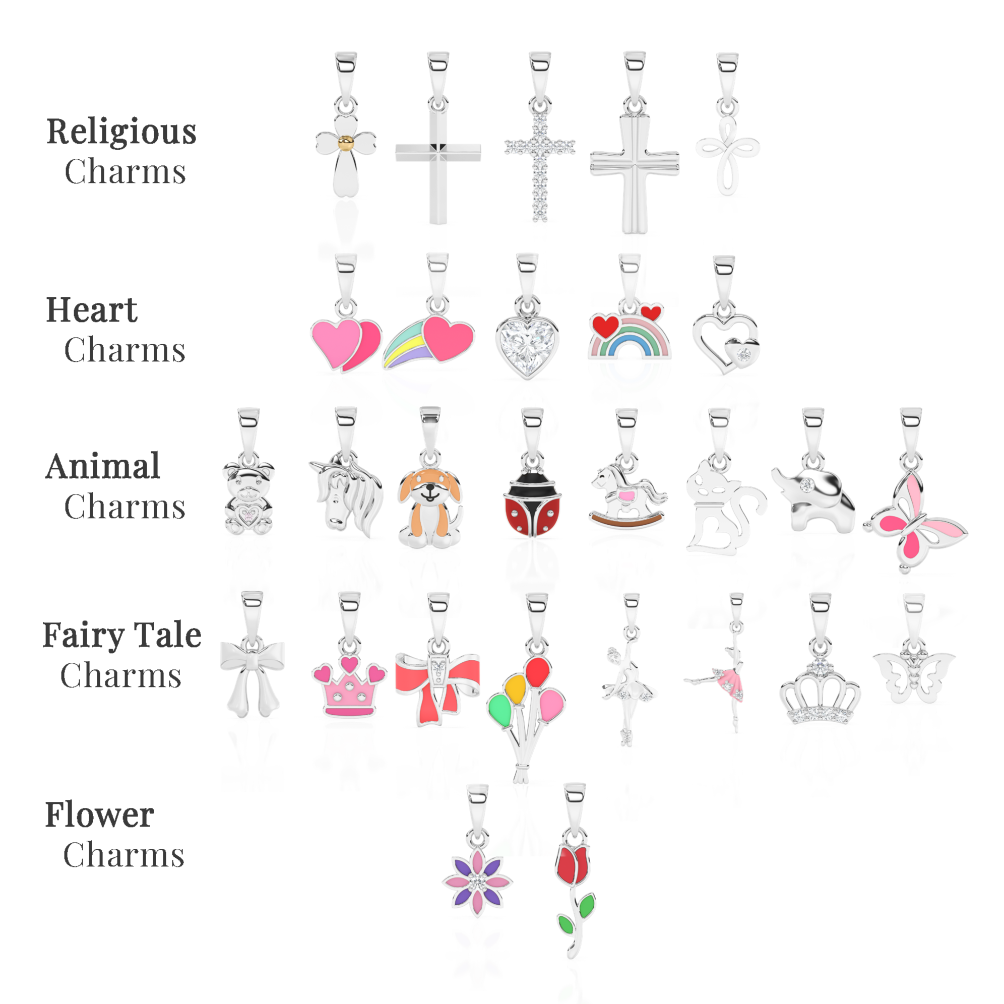 Collection of various charm pendants categorized by theme on a white background.