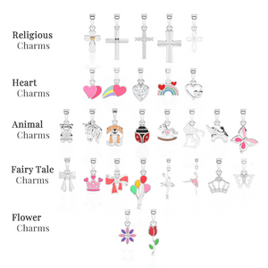 Collection of various charm pendants categorized by theme on a white background.