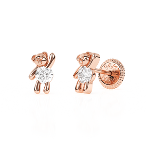 Teddy Bear Treasure, Clear CZ Stud Earrings - Solid 14K Rose Gold, Screw Back, for Babies & Children