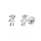 Teddy Bear Treasure, Clear CZ Stud Earrings - Solid 14K White Gold, Screw Back, for Babies & Children