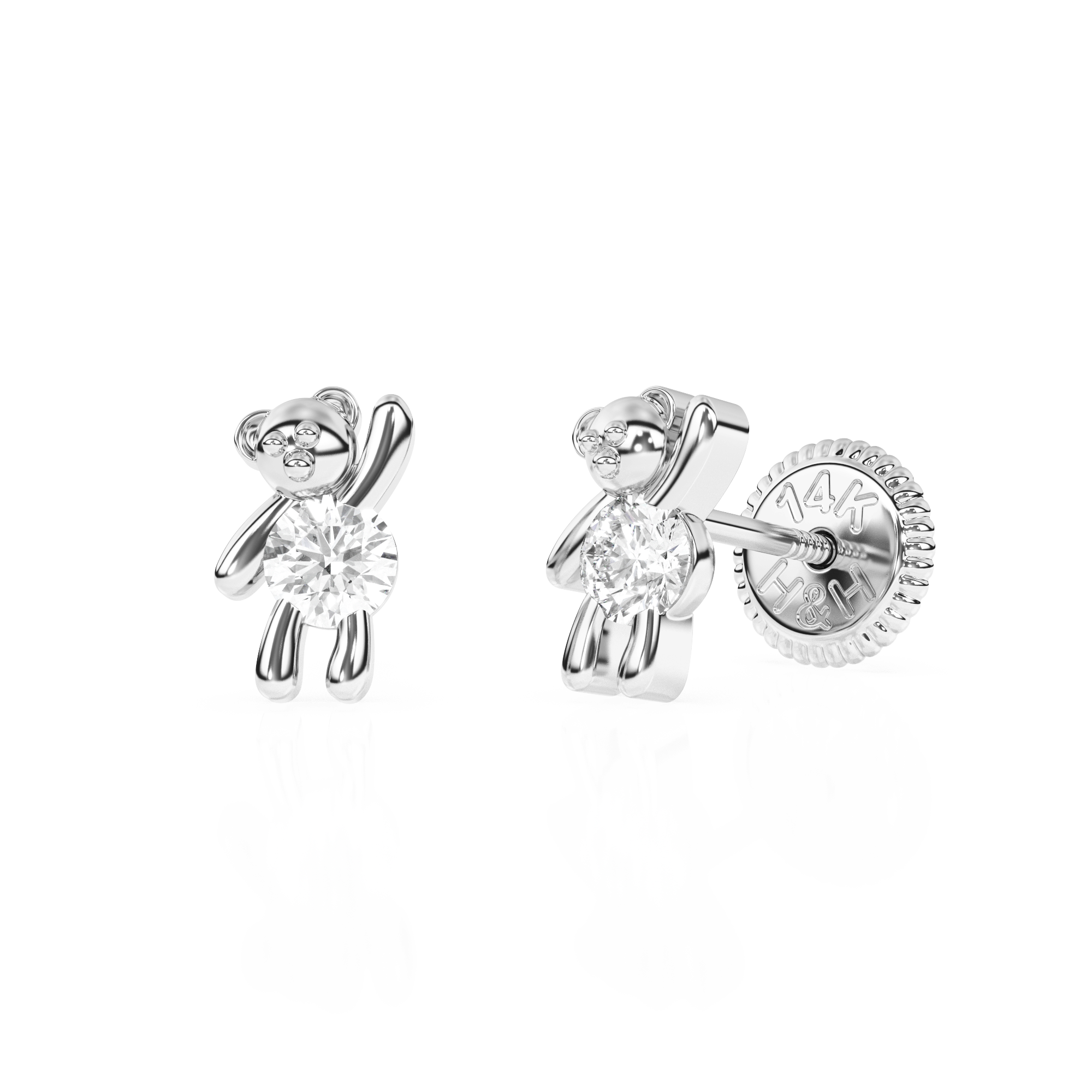 Teddy Bear Treasure, Clear CZ Stud Earrings - Solid 14K White Gold, Screw Back, for Babies & Children
