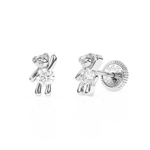 Teddy Bear Treasure, Clear CZ Stud Earrings - Solid 14K White Gold, Screw Back, for Babies & Children