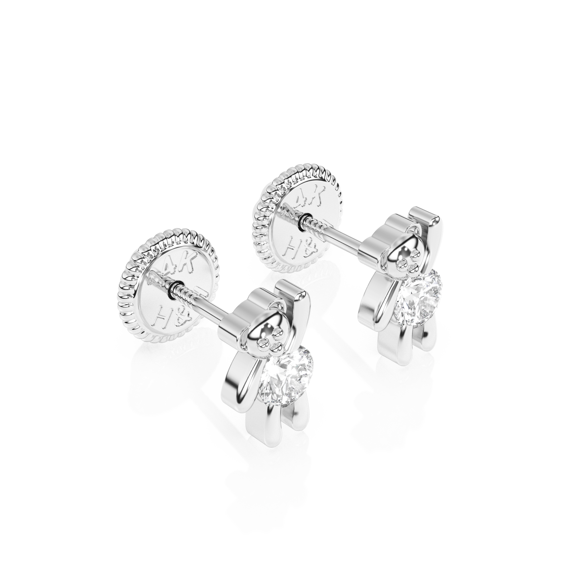 Teddy Bear Treasure, Clear CZ Stud Earrings - Solid 14K White Gold, Screw Back, for Babies & Children