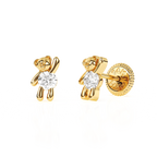 Teddy Bear Treasure, Clear CZ Stud Earrings - Solid 14K Gold, Screw Back, for Babies & Children