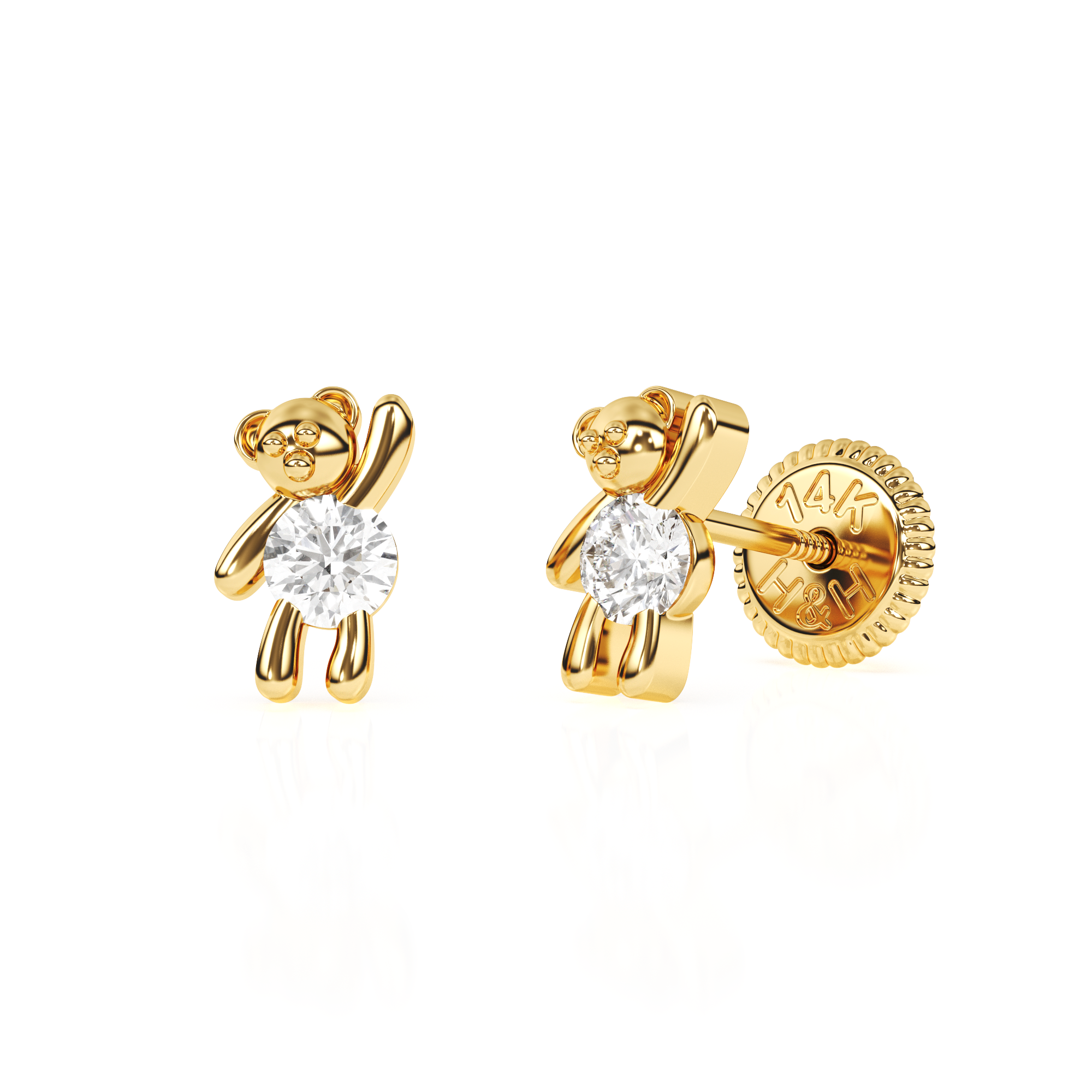Teddy Bear Treasure, Clear CZ Stud Earrings - Solid 14K Gold, Screw Back, for Babies & Children