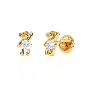 Teddy Bear Treasure, Clear CZ Stud Earrings - Solid 14K Gold, Screw Back, for Babies & Children