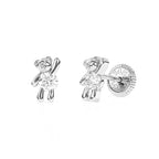 Pendientes de osito de peluche con circonitas transparentes - Oro blanco macizo de 14 quilates, cierre de rosca, para bebés y niños