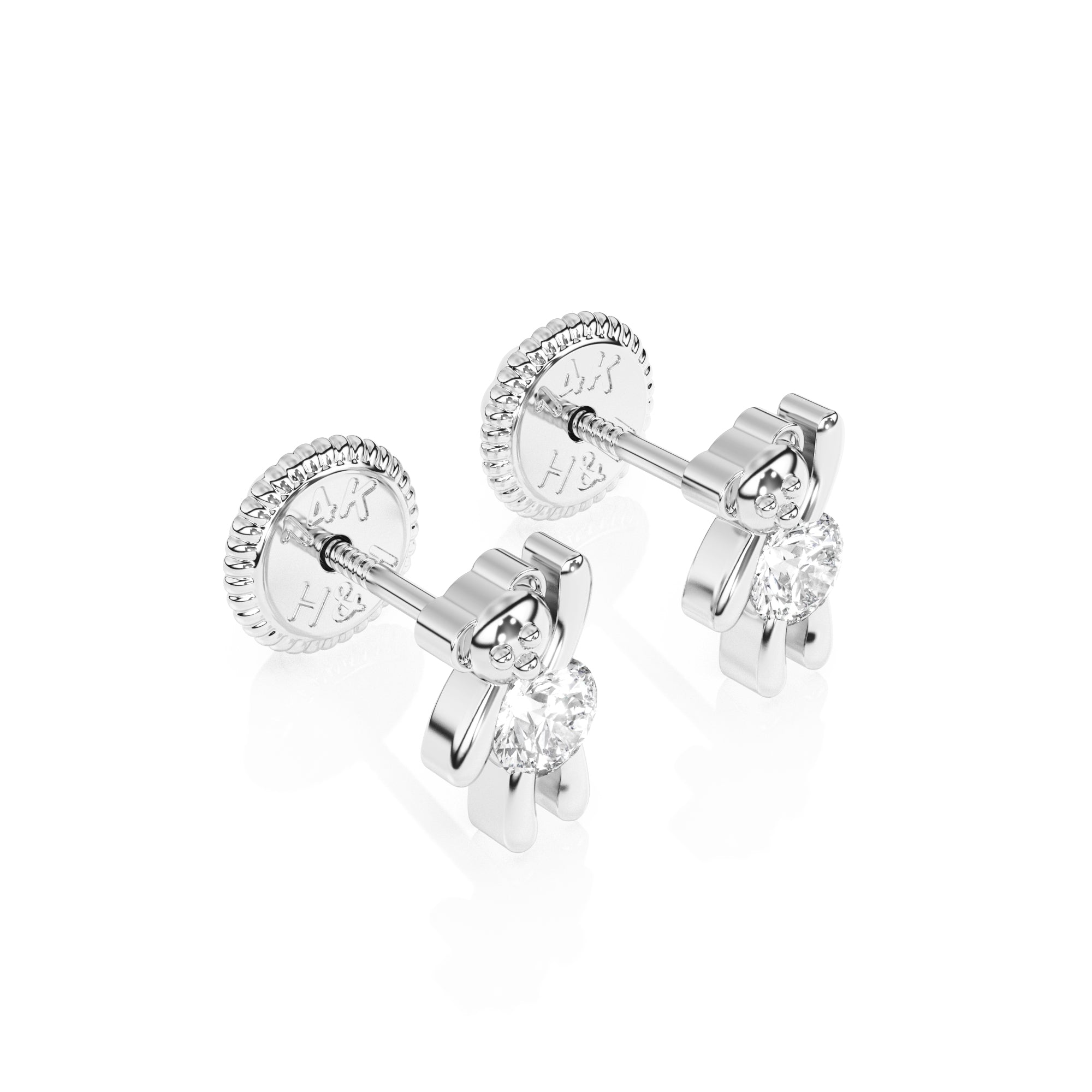 Pendientes de osito de peluche con circonitas transparentes - Oro blanco macizo de 14 quilates, cierre de rosca, para bebés y niños