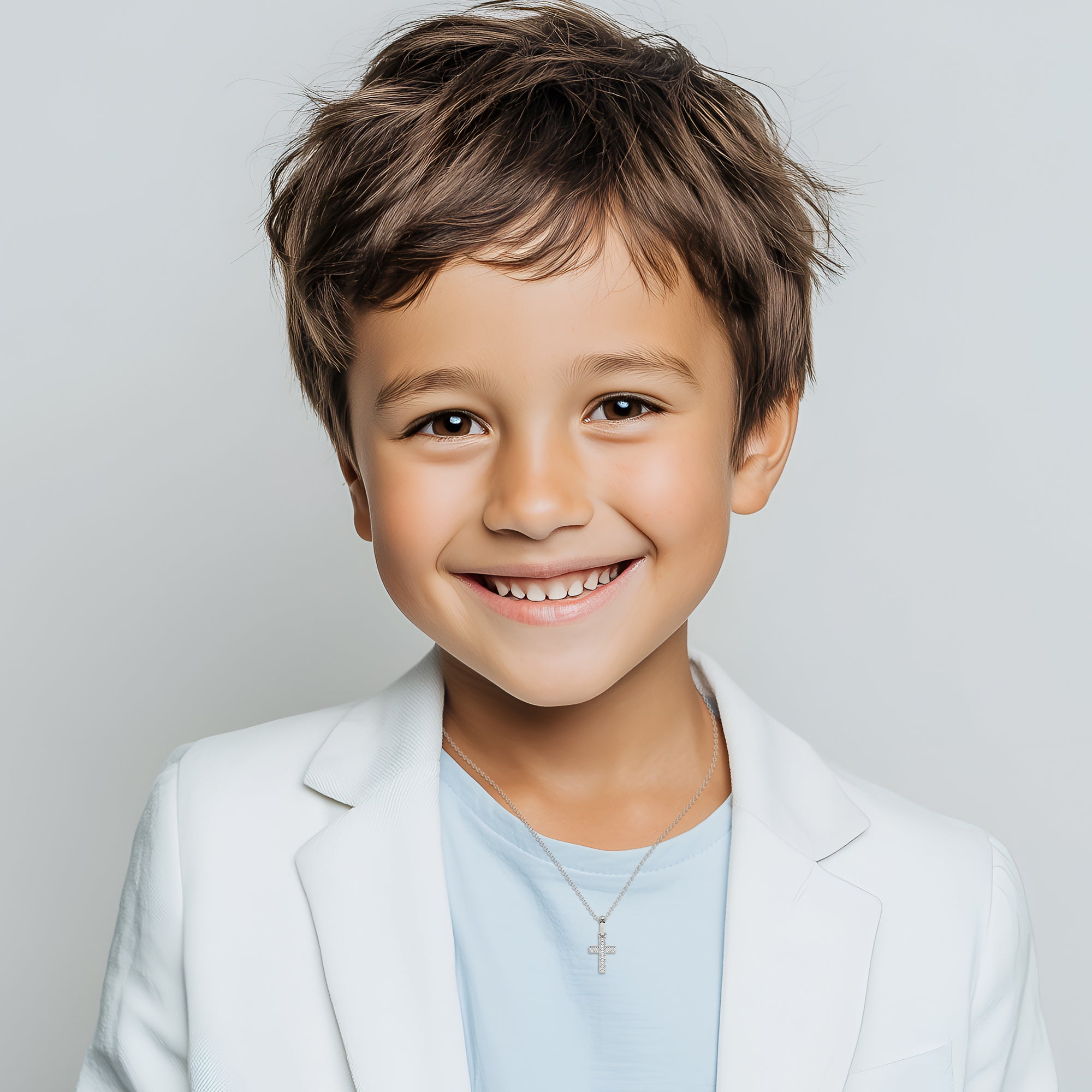 Timeless Light – Children’s Cross Necklace - For Boys of Faith in Solid 14k White Gold
