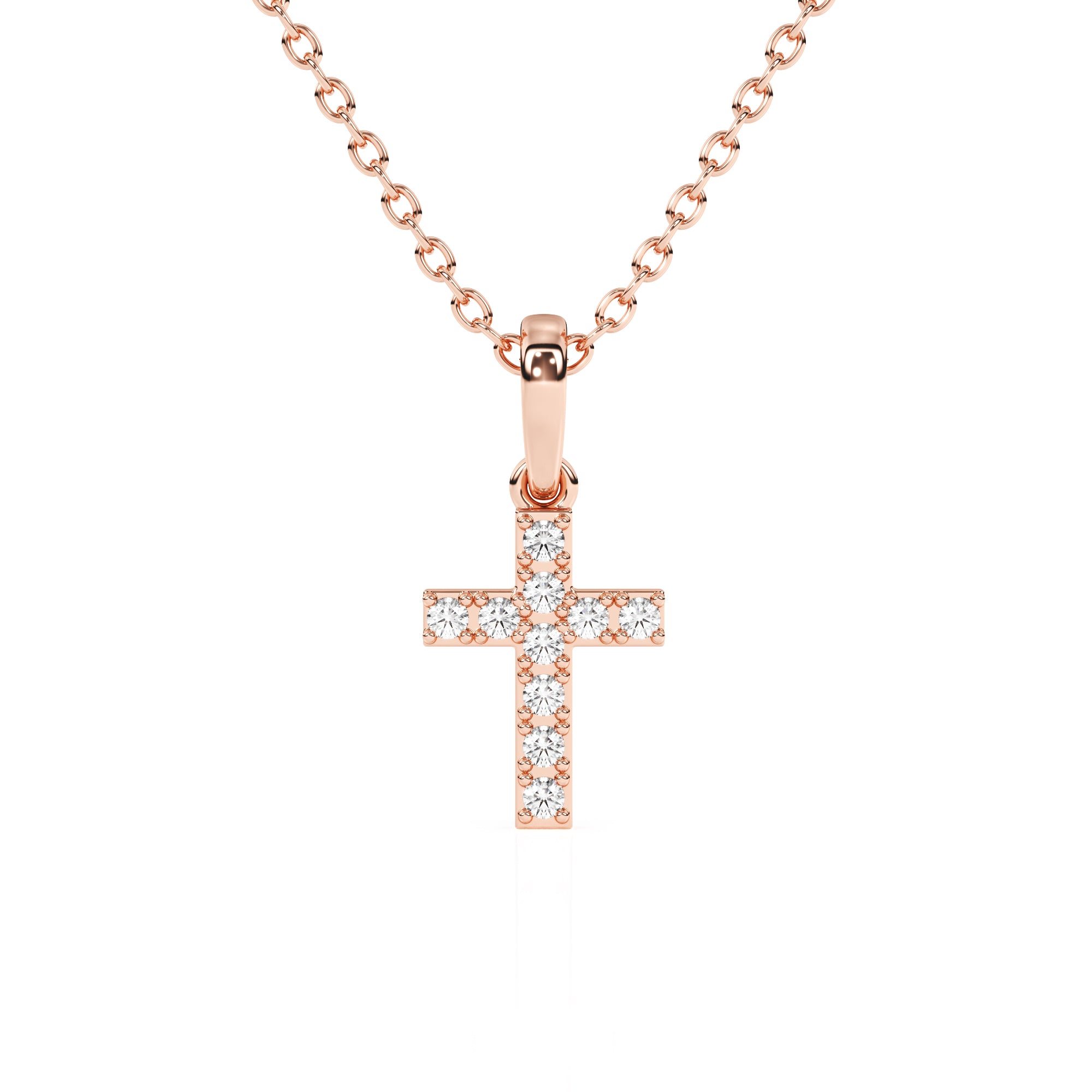 Rose gold cross pendant necklace on a white background