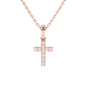 Rose gold cross pendant necklace on a white background