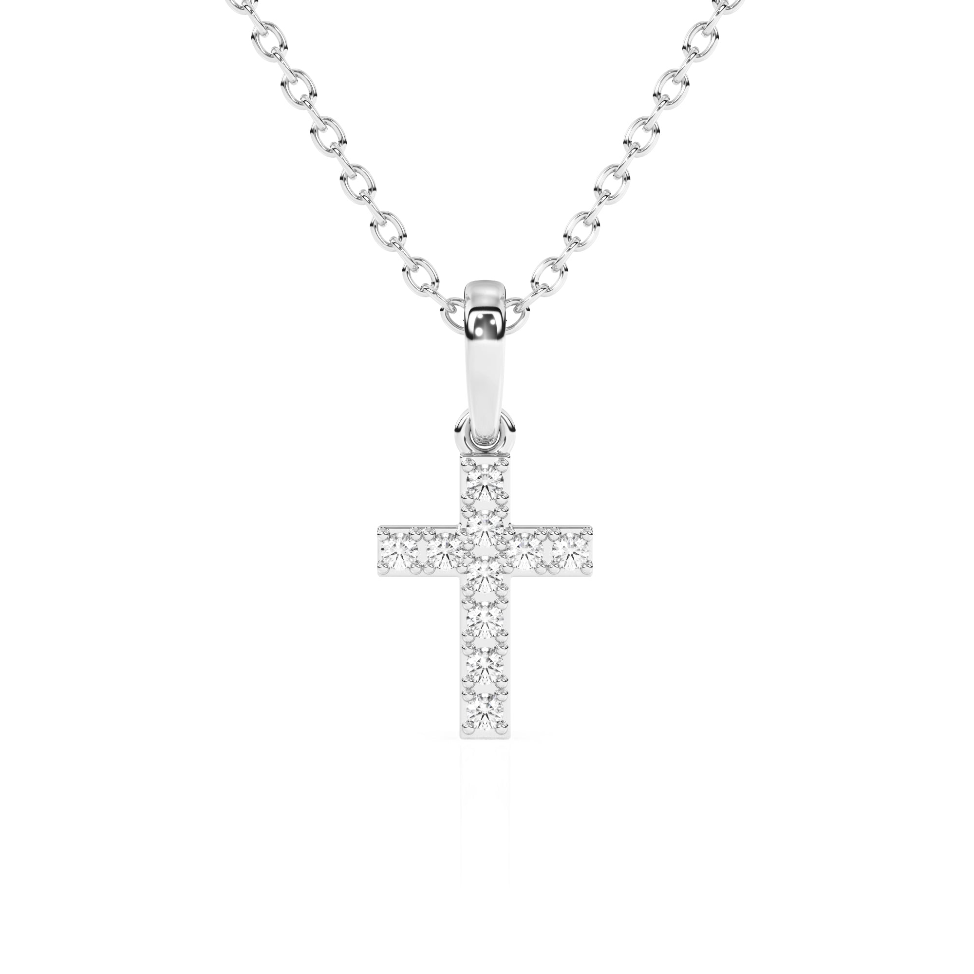 White gold cross with CZ stones on a white background.