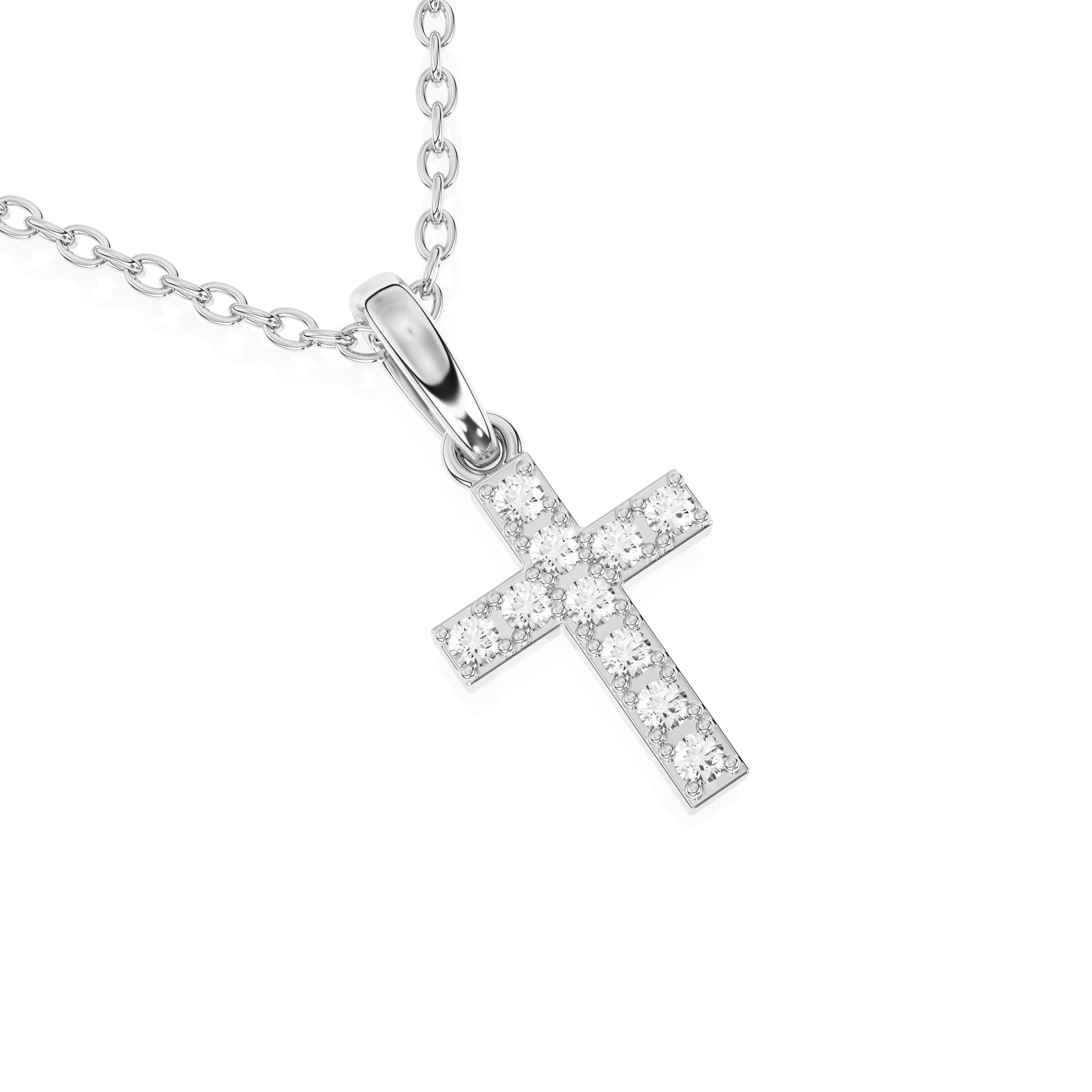 White gold cross with CZ stones on a white background.