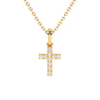 Gold cross necklace with CZ stones on a white background.