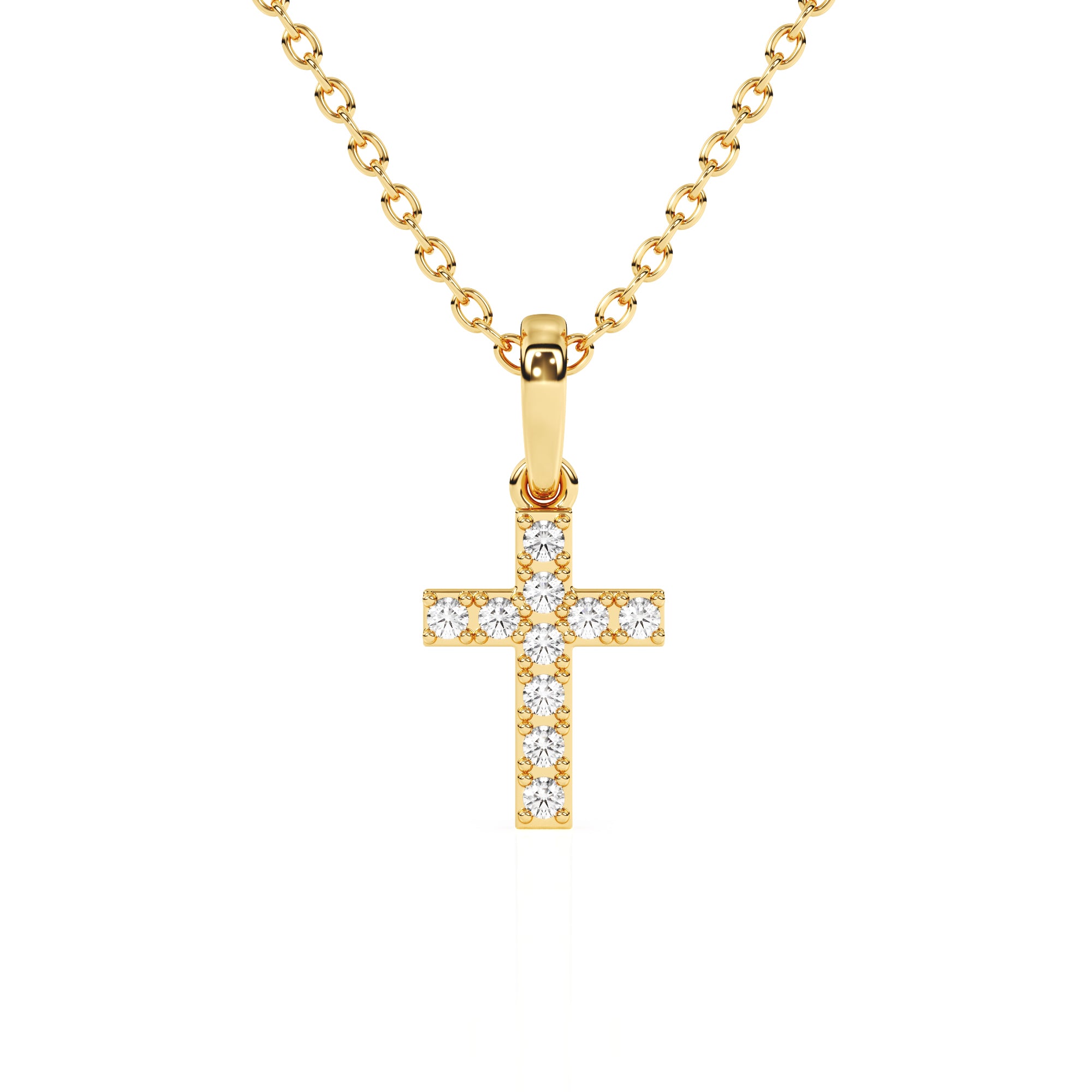 Gold cross necklace with CZ stones on a white background.