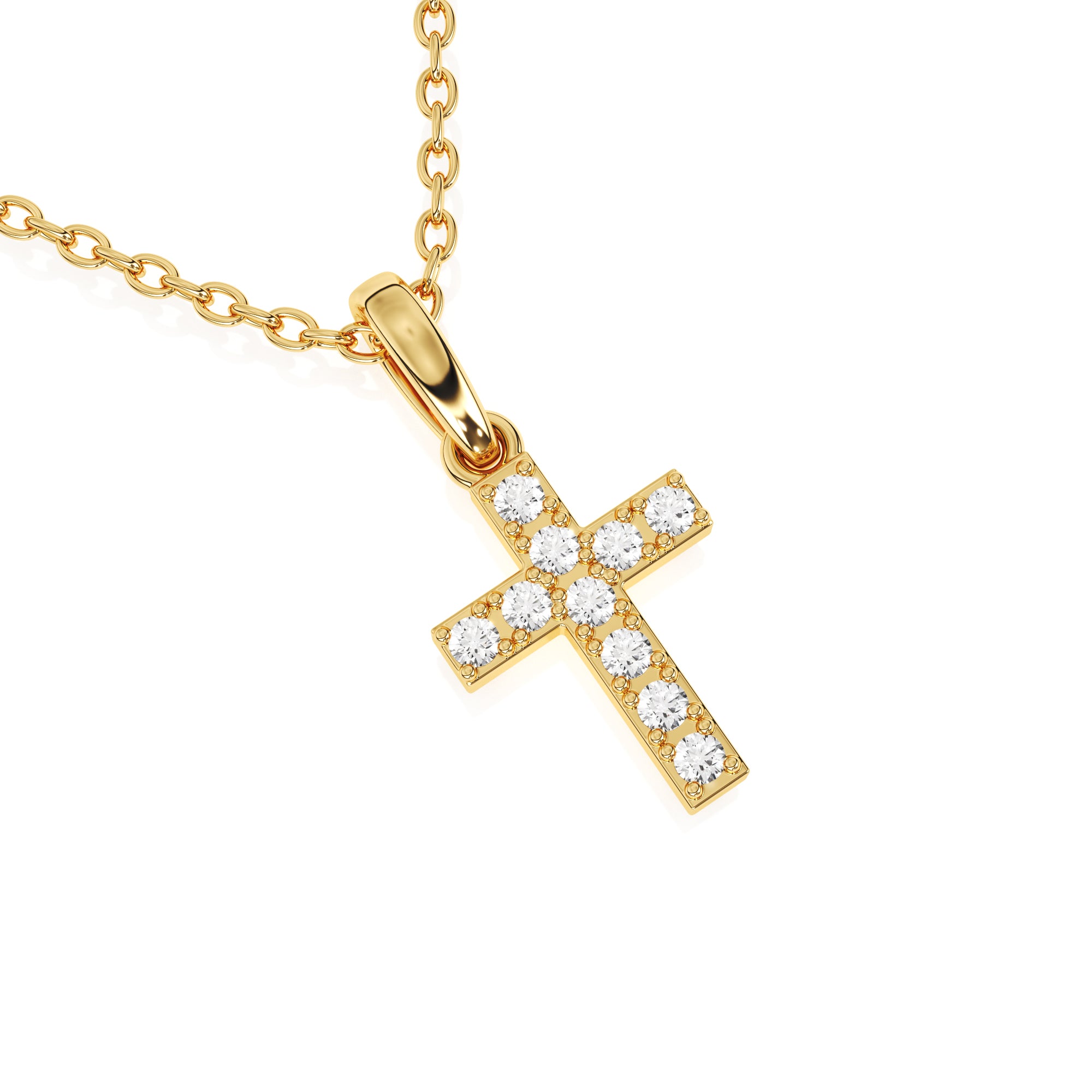 Gold cross necklace with CZ stones on a white background.