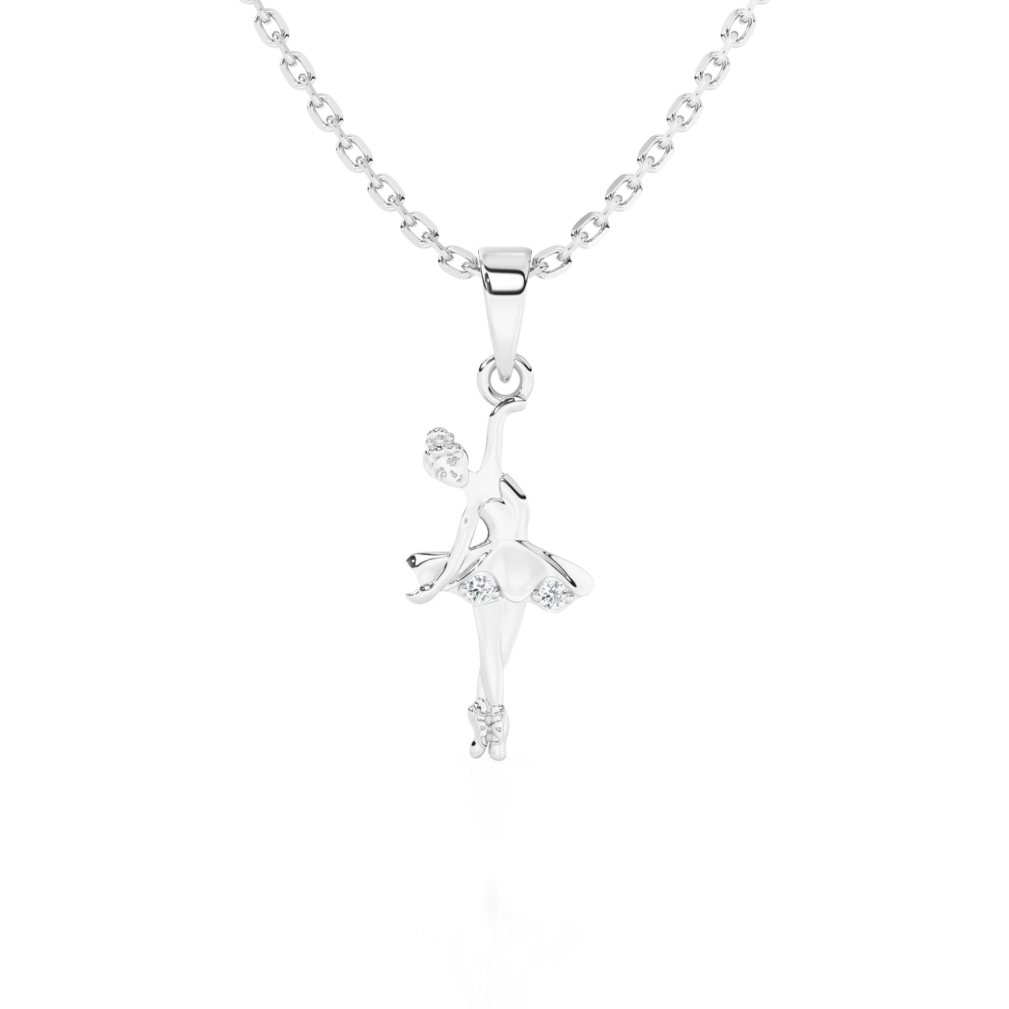 Sterling silver ballerina pendant with clear CZ stones on a necklace chain against a white background.