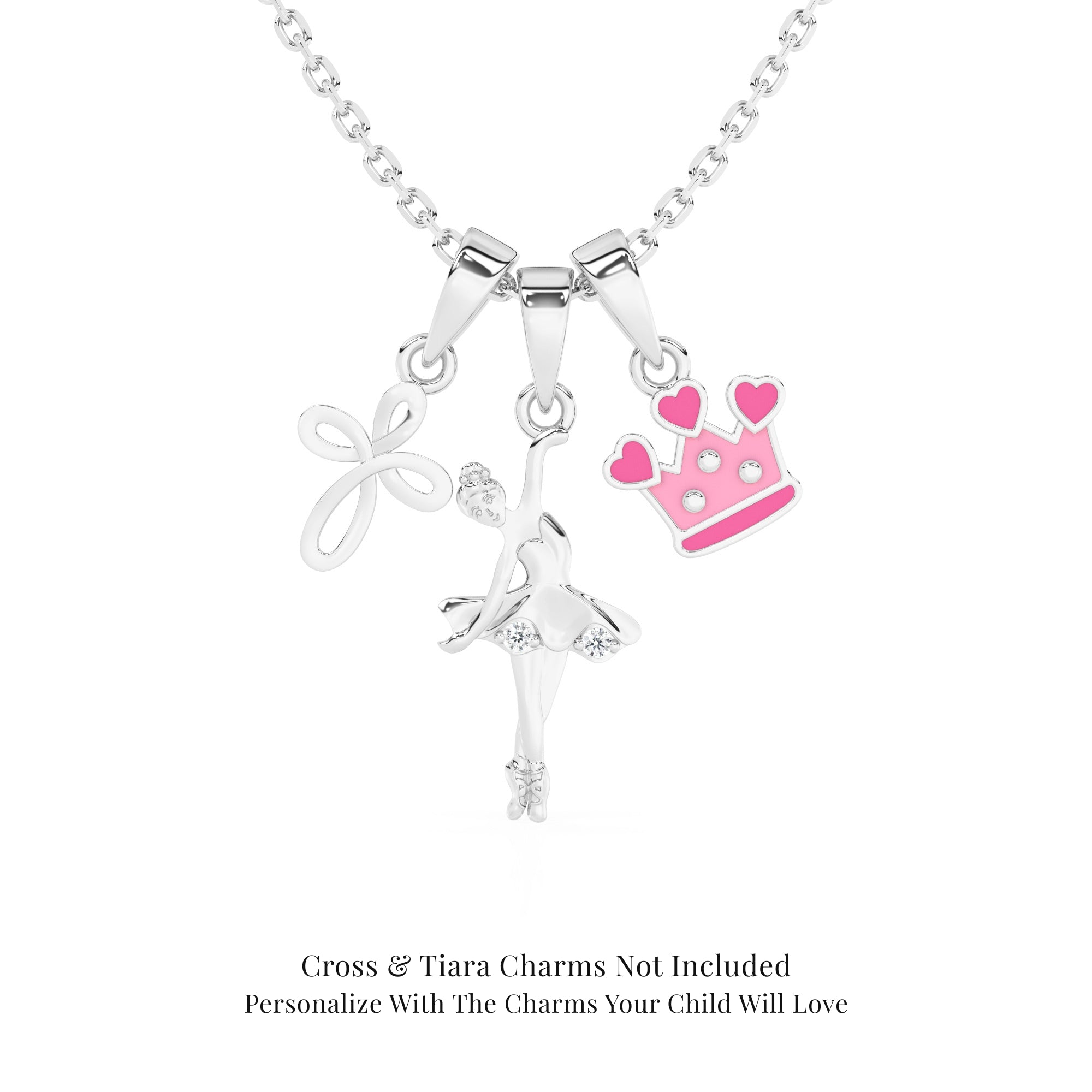 Sterling Silver necklace with ballerina, infinity cross, and tiara charms on a white background.